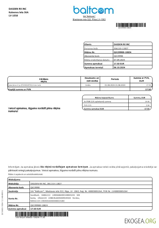 Modèle de facture de services publics de télécommunications Baltcom en Lettonie aux formats Word et PDF (version lettone)